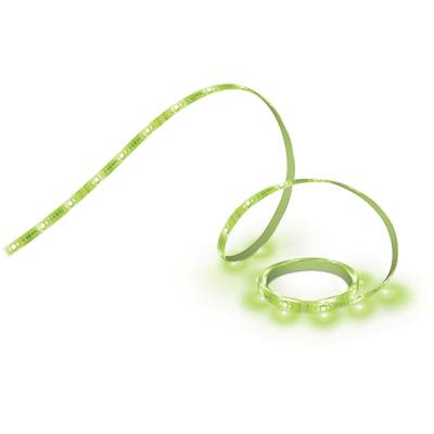 A green, glowing LED strip light, loosely coiled, emits light evenly.