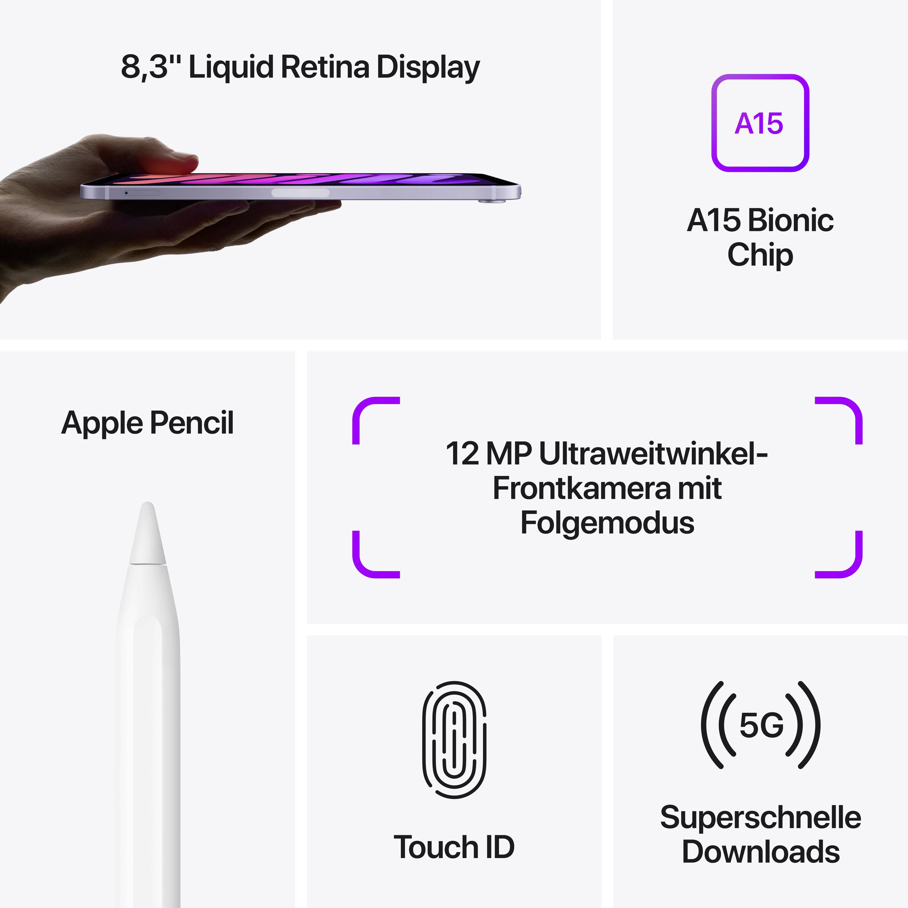 Apple iPad mini 8.3 (6th Gen, 2021) UMTS/3G, LTE/4G, 5G, WiFi 64 GB Violet 21.1 cm (8.3 inch) iPadOS 15 2266 x 1488 Pixe-8