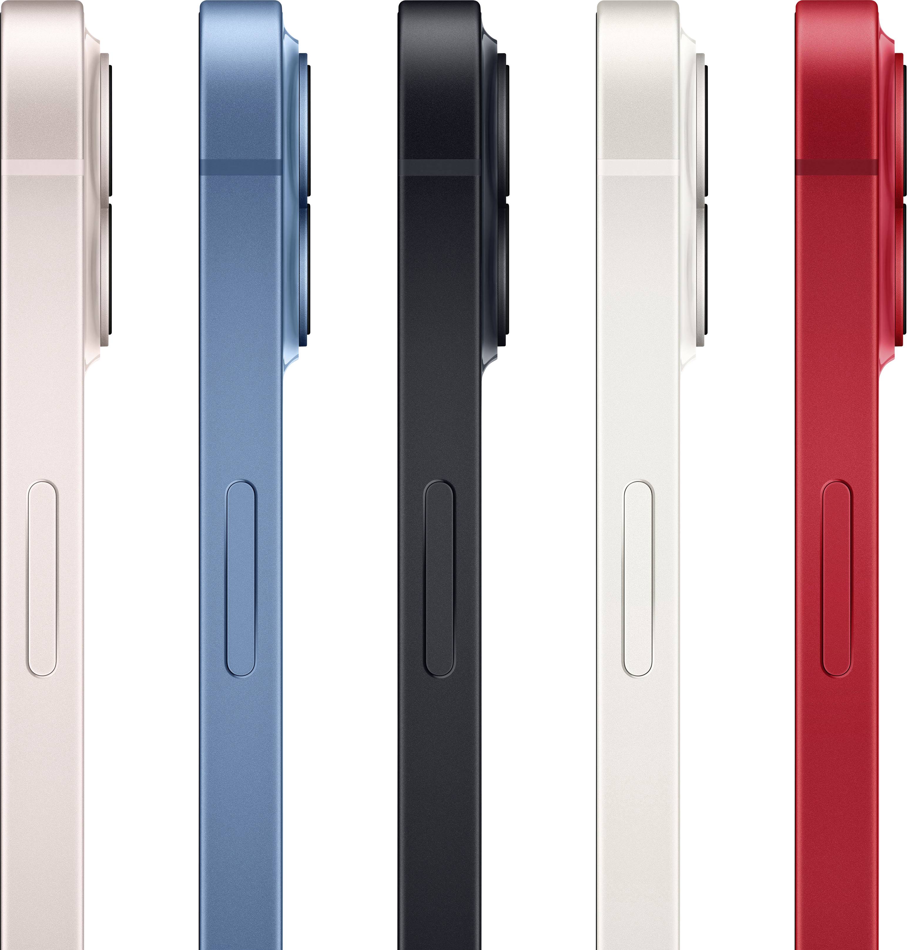 Five smartphone screens in different colours: Pink, Blue, Black, White and Red, lined up side by side. Focus on the flat edge.