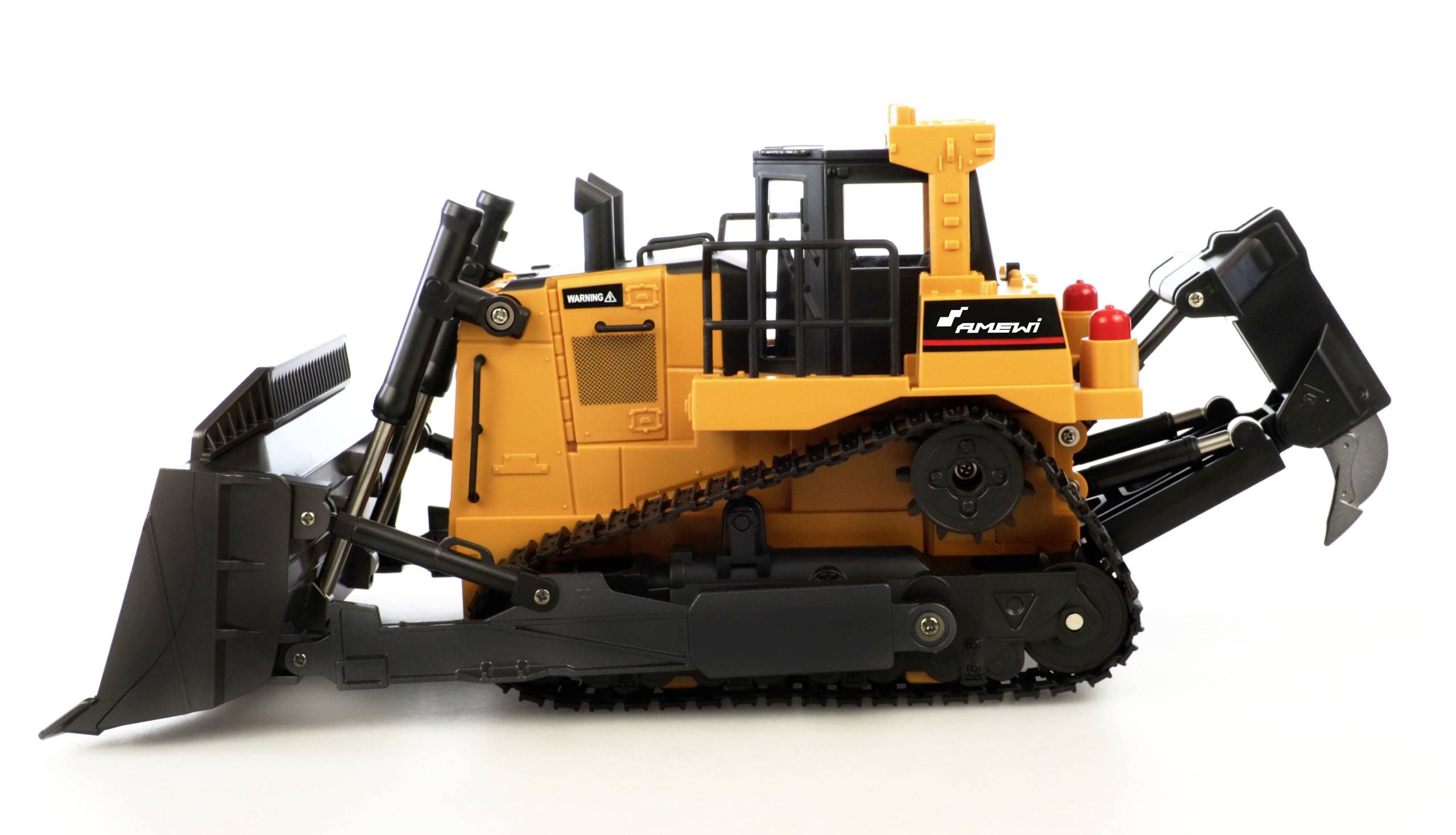 A yellow toy bulldozer model with detailed features such as caterpillar tracks and a movable bucket, viewed from the side.