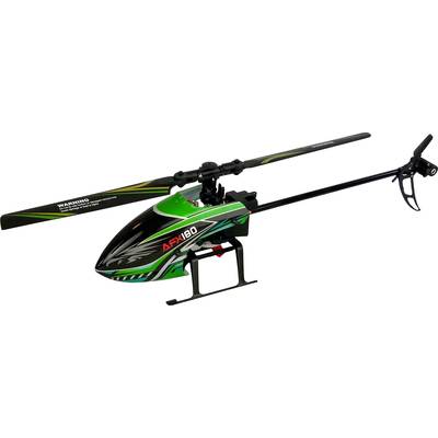 A green remote-controlled helicopter with the inscription 'AFX180' on the fuselage.