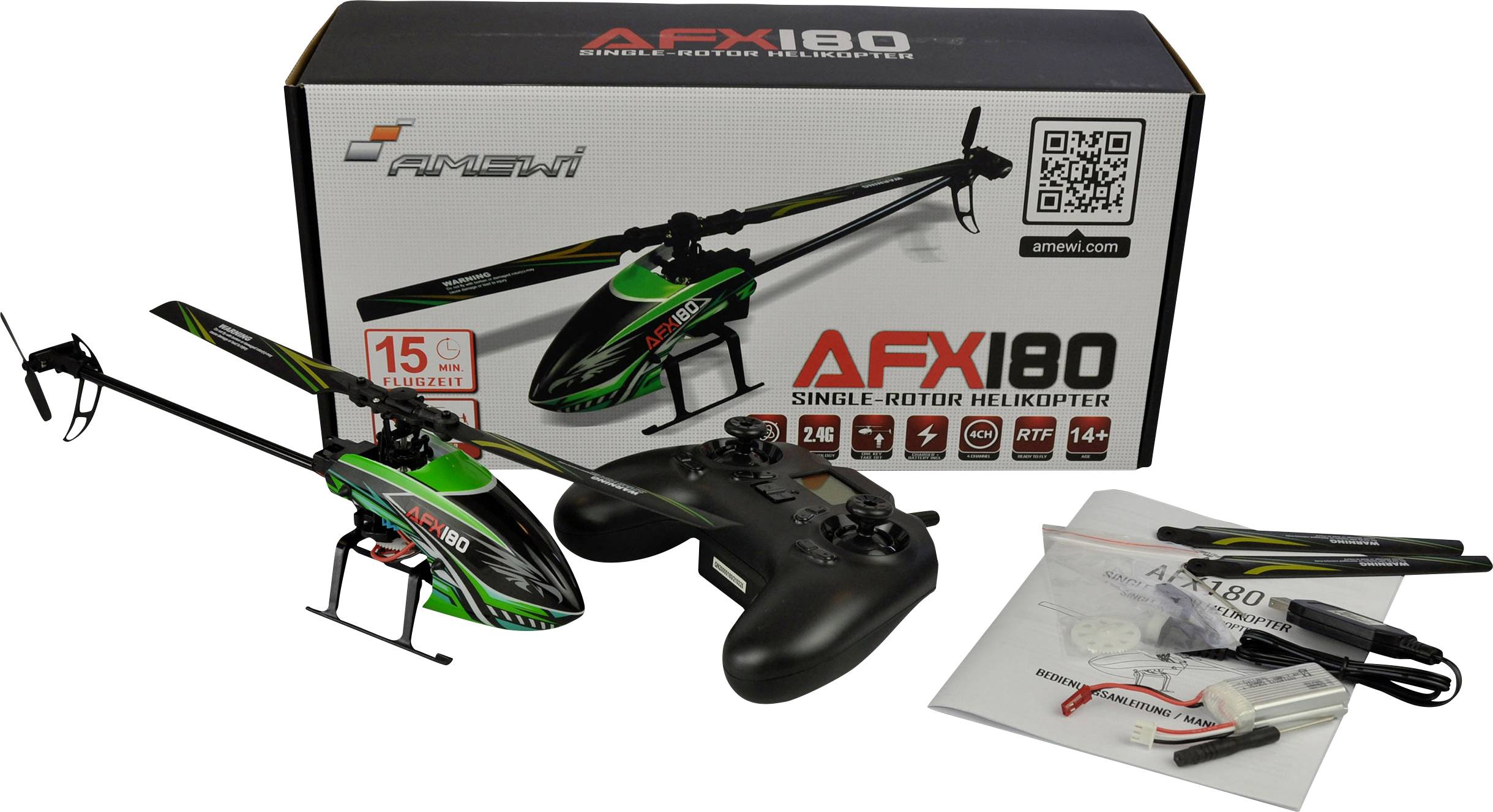 Toy helicopter set with remote control and spare parts in front of packaging. Label reads 'AFX180 Single-Rotor Helicopter'. Suitable for ages 14 and above.