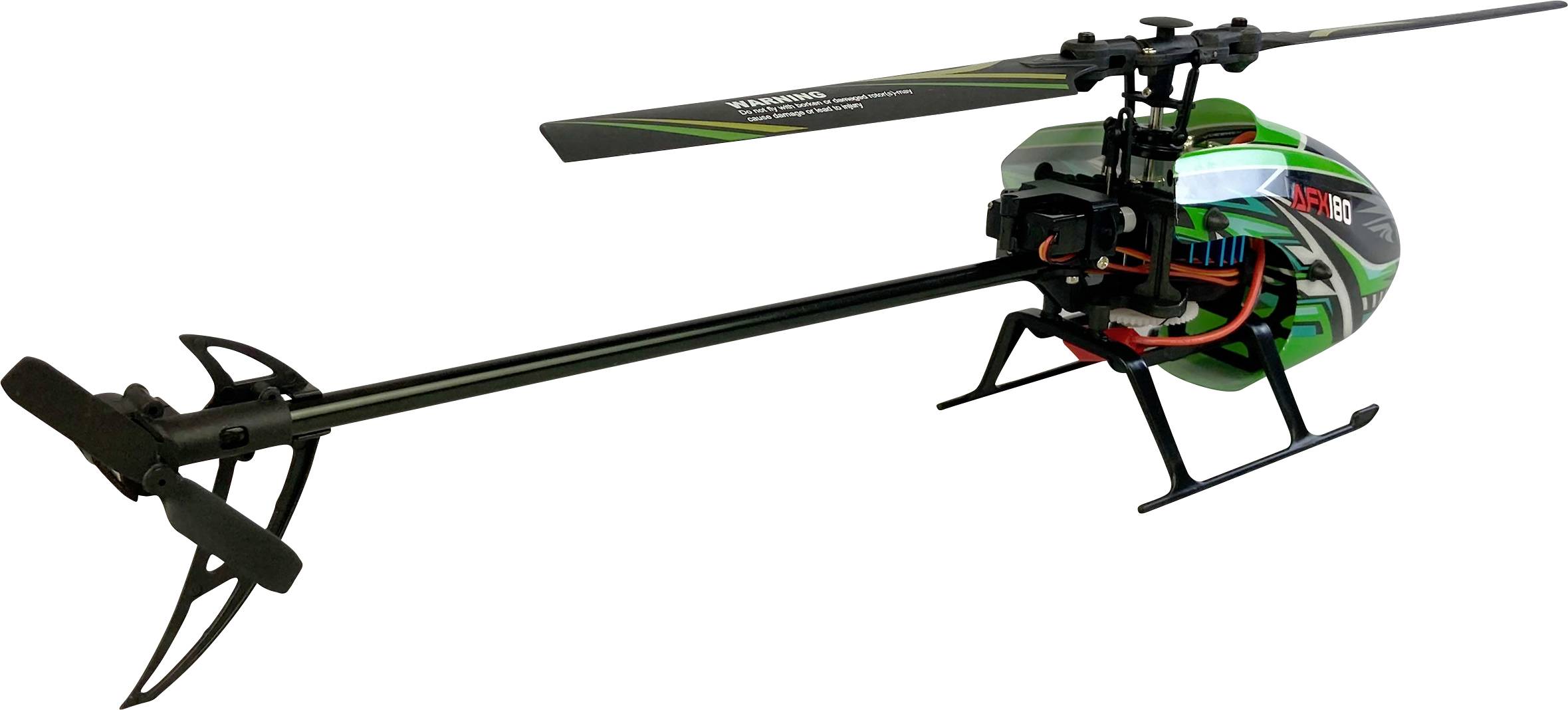 Remote-controlled model helicopter in green and black design with dual-rotor blades, pictured against a white background.