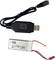 Black USB charging cable and silver, rectangular battery with red and black cables. Suitable for electronic devices.