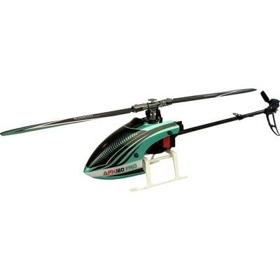 A remote-controlled model helicopter with green and black paintwork, white skids, and 'DFX180 PRO' inscription.
