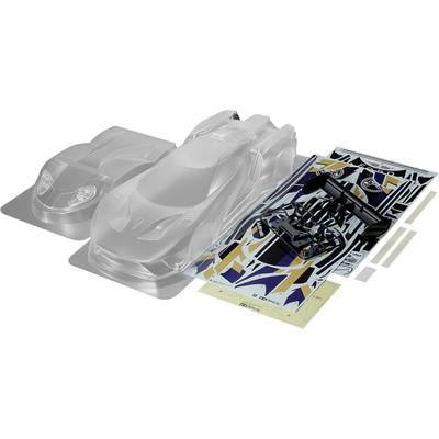 A kit with parts of a toy car: transparent bodywork, a sheet of stickers, and small black components.