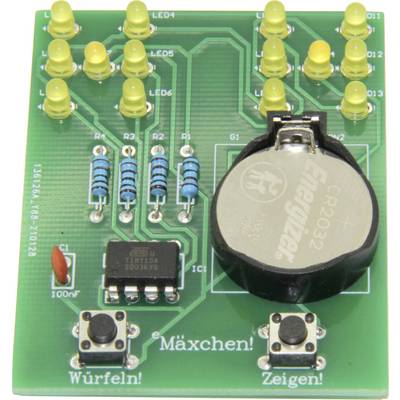 Printed circuit board with LED indicators, buttons, and a CR2032 battery. Text on the board: 'Mäxchen', 'Roll!', 'Show!'.