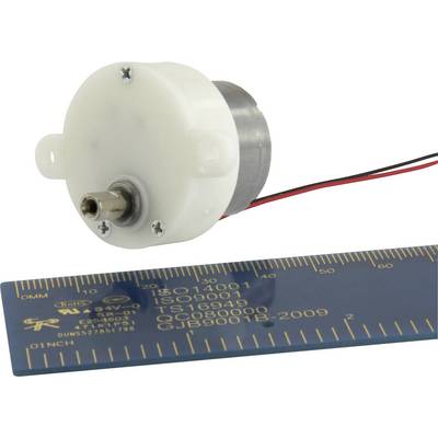 Small electric motor with metal casing and plastic cover, with a ruler placed beside it for size reference.