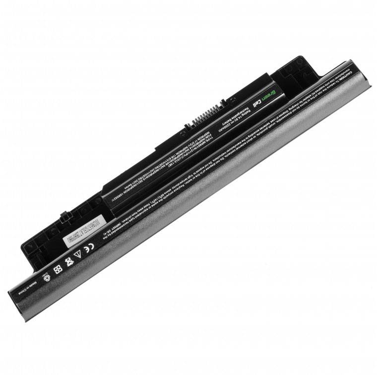 A black laptop battery in an elongated shape with labelling and connections, commonly used to power portable computers.