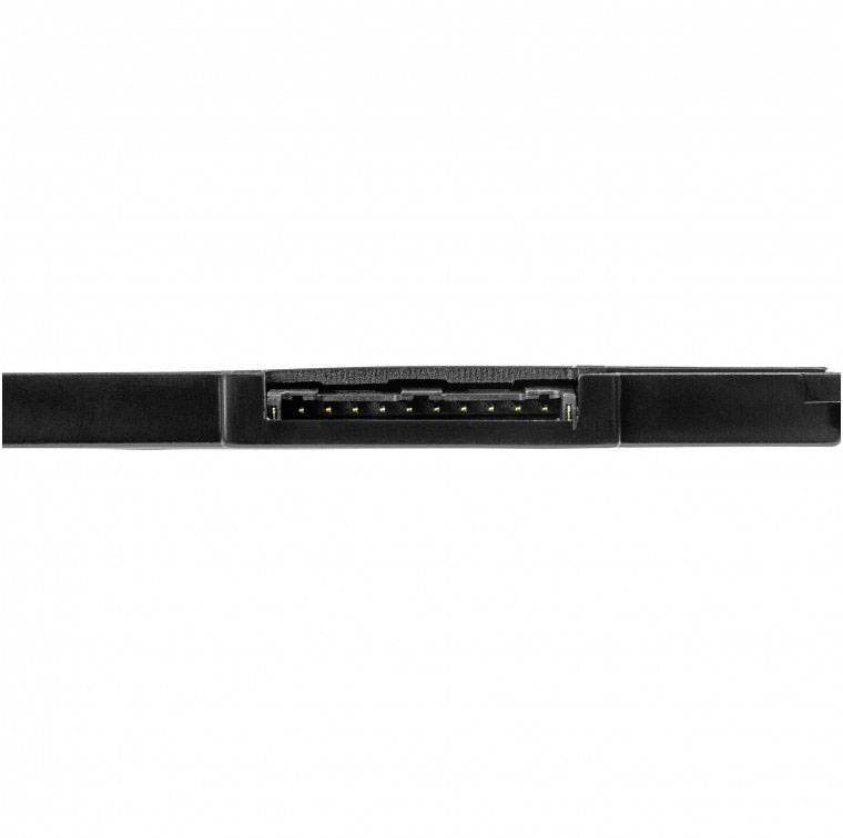 A black SATA data connector with a visible connection contact in close-up.