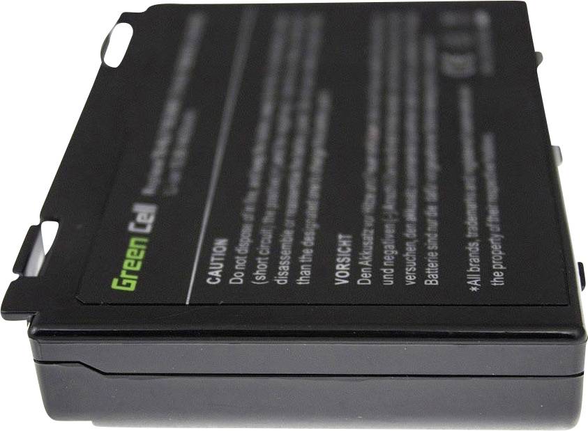 A rectangular, black laptop battery with printed warning notices and the 'Green Cell' brand.