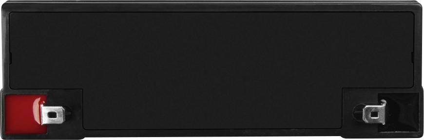 Black rectangular battery with two terminals on the sides, with the right terminal marked in red.