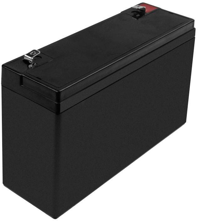 'Black rectangular battery with two terminals on top, one red and one black. Suitable for electronic devices or as a replacement part.'