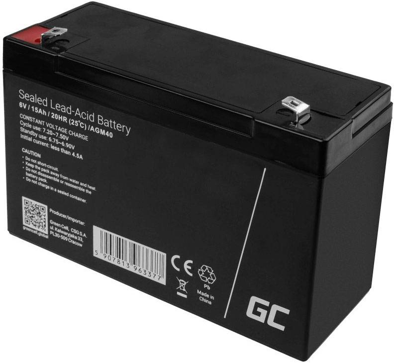 Black sealed lead-acid battery, 6V, 15Ah, with safety and charging instructions printed. QR code bottom left.