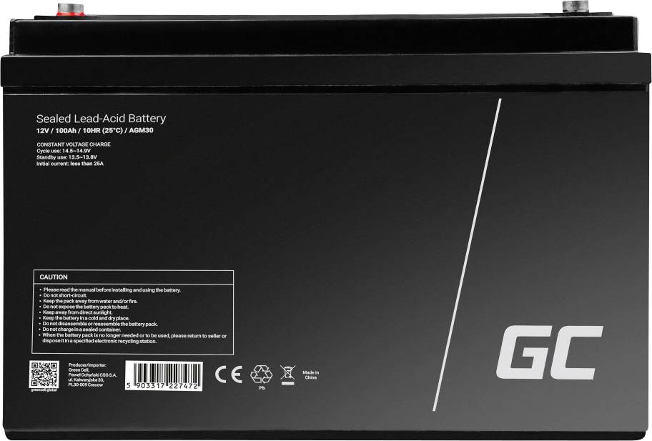 Lead-Acid Battery with 12V and 150Ah. Labelling: 'Sealed Lead-Acid Battery'. Warning notices and technical information are illustrated.