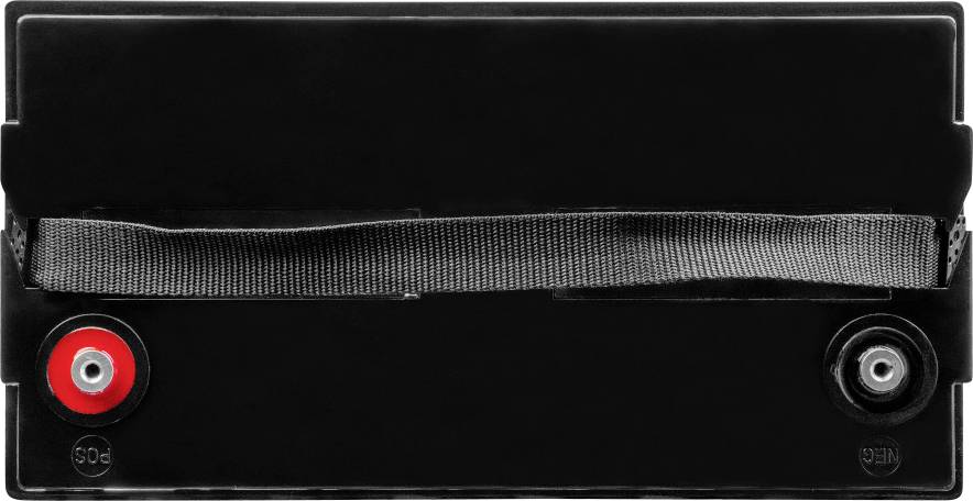 Black car battery viewed from above, showing red and black terminals. Silver carrying strap runs horizontally across the battery.