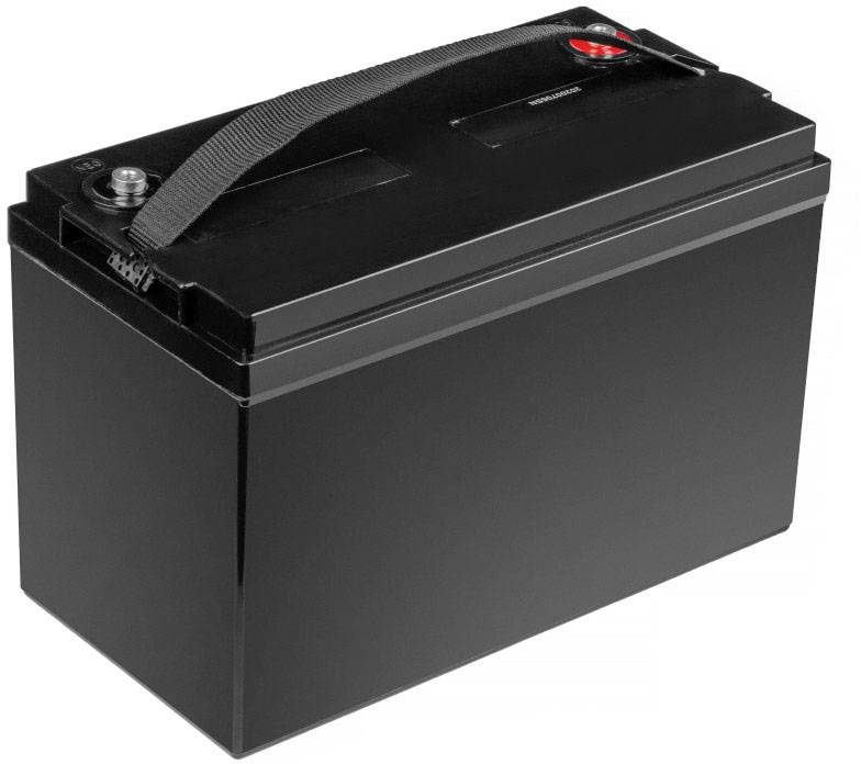 Black rectangular battery with carry handle and two connectors on the top surface.