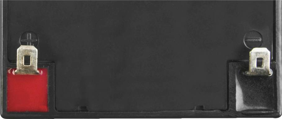 Black car battery with two terminals on top: left terminal marked red for positive, right terminal black for negative.