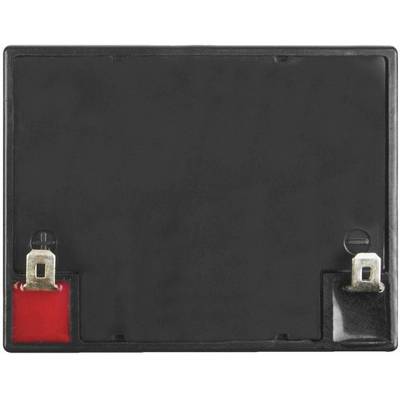 A black battery with two metal contacts. One contact is marked red and the other black. Ideal as a replacement part.