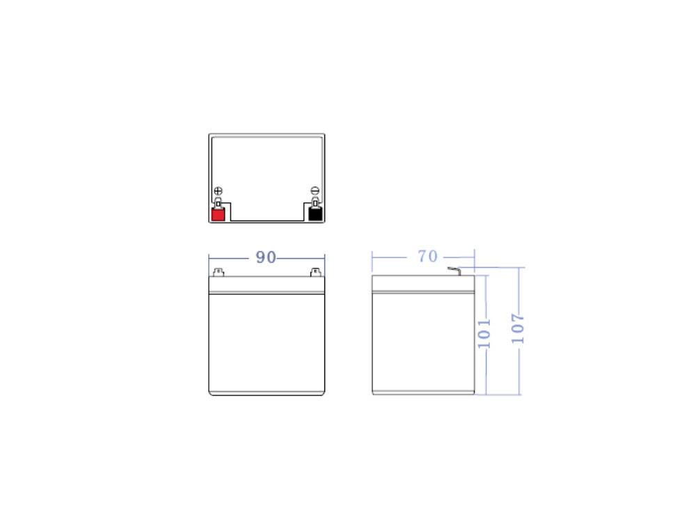 'Drawing of a battery with dimensions: width 90 mm, depth 70 mm, height 107 mm. Positive and negative terminals marked on top.'