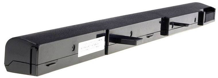 A black laptop battery with multiple ports and a white sticker on the side, against a white background.