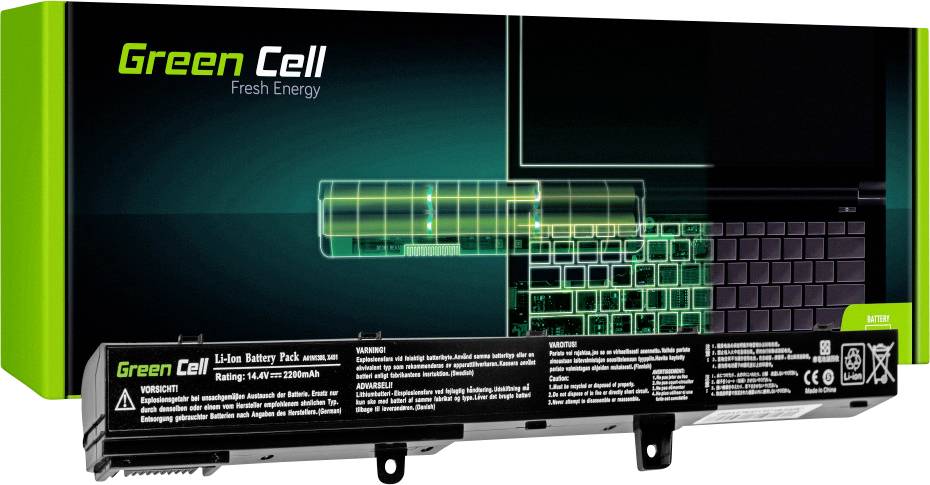 'Green Cell' Laptop Battery Pack with Green Energy Design, Lithium-Ion, 14.8V/2200mAh, displayed in front of an open laptop illustration.