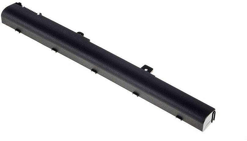 A rectangular, black laptop battery. Suitable for replacement or exchange in compatible laptops.