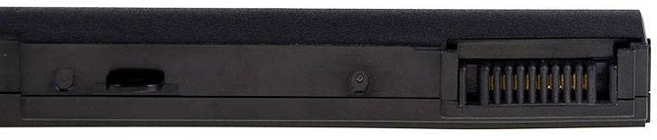 'Underside of a laptop battery with electrical contact interfaces, sealed closure, and rectangular design.'