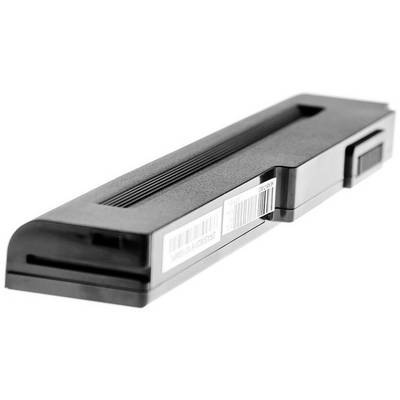 A rectangular, black laptop battery with a barcode and side connectors.