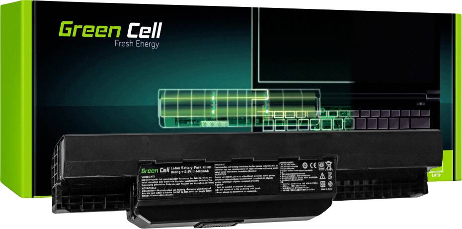 A Green Cell laptop battery in front of packaging with a technical diagram showing the battery section of a laptop.