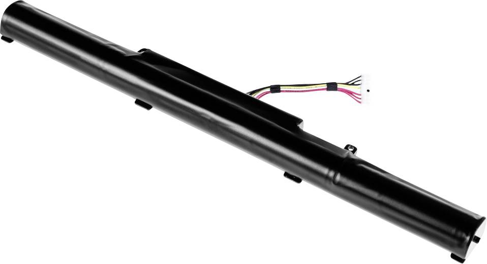 A black cylindrical laptop battery with a visible cable connection.