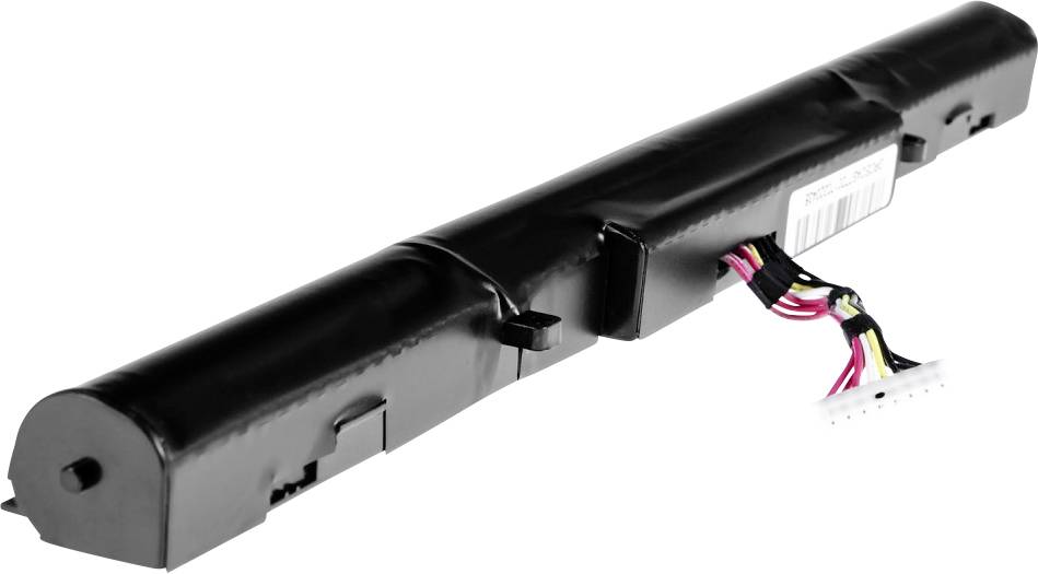 Black laptop battery with coloured cables protruding from the side.