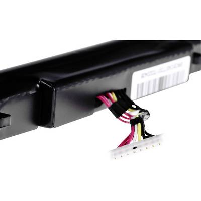A black electronic component with a protruding cable strand in various colours, with a white labelling sticker on the side.