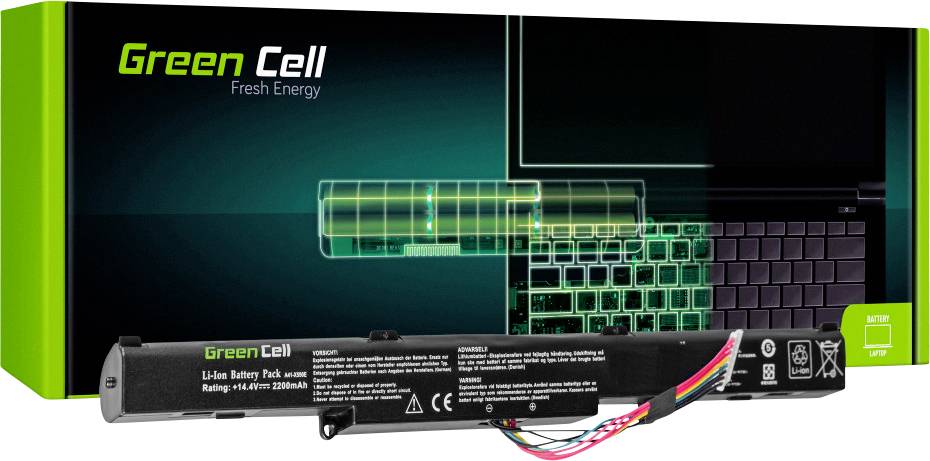 A Green Cell laptop battery, modelled, with technical specifications on the packaging. Compatible devices are displayed on it.