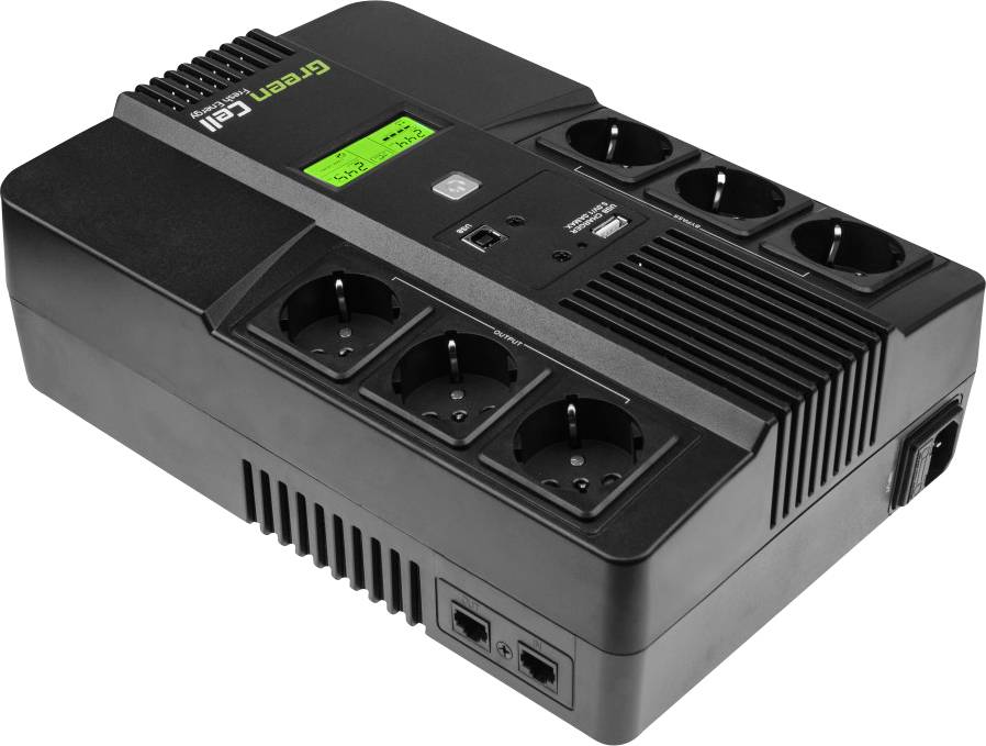 A black uninterruptible power supply (UPS) device with multiple socket connections and a green screen on the top surface, which serves to provide power supply.