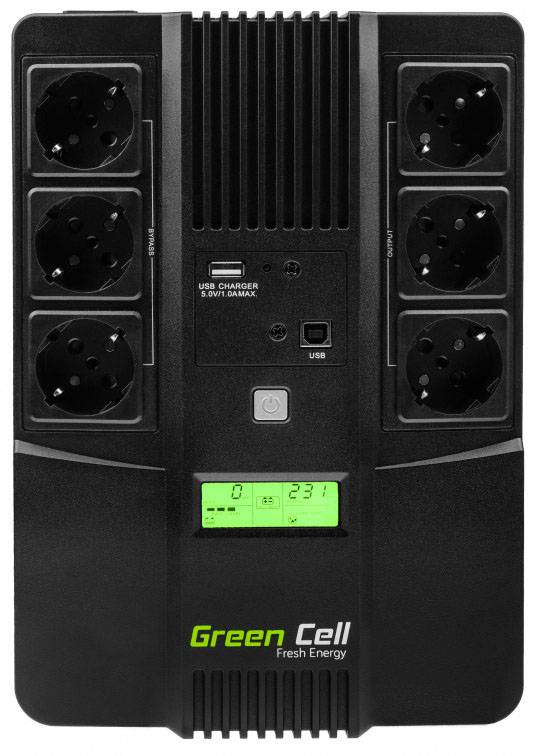 A Green Cell UPS (Uninterruptible Power Supply) with six Schuko socket outlets and a digital display for energy monitoring.