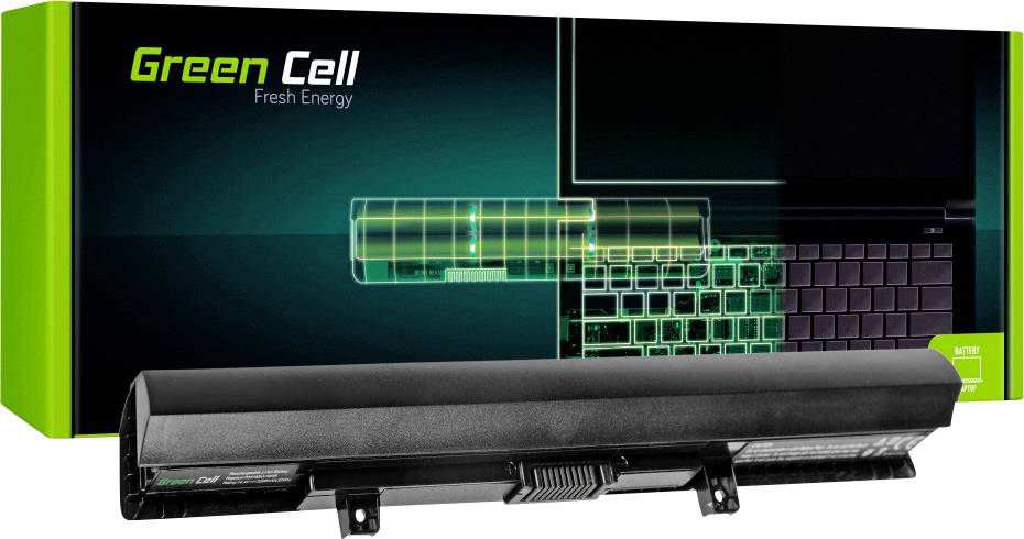 A Green Cell laptop battery before its packaging, which displays 'Fresh Energy' and an image of the inner battery.