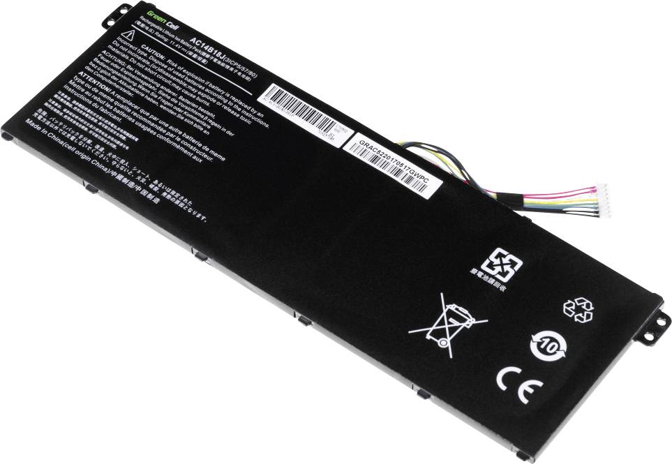 Rectangular laptop battery with white safety and recycling symbols and a multi-coloured cable connector.