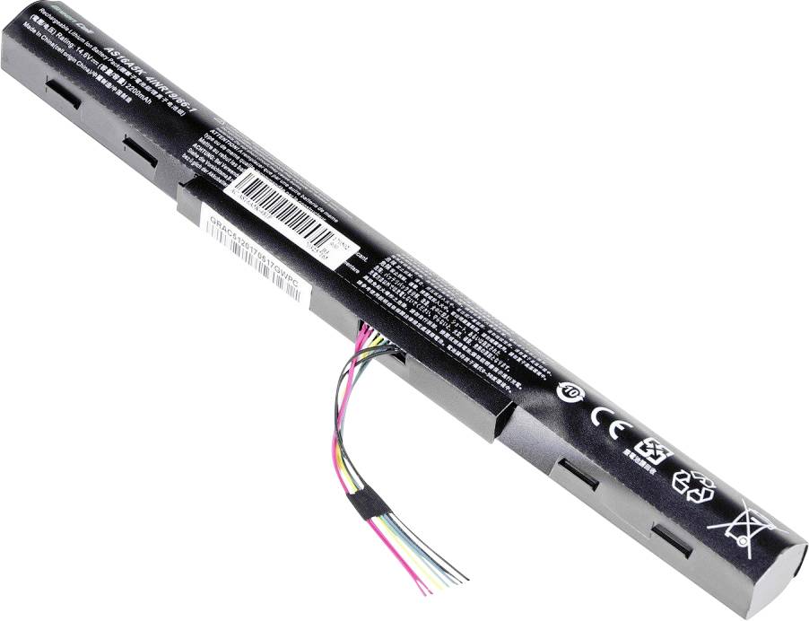 'A black laptop battery with a white barcode and multi-coloured cables on the side, lying on a white surface.'