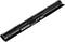 Black laptop battery in an elongated shape. Brand and safety markings on the surface.