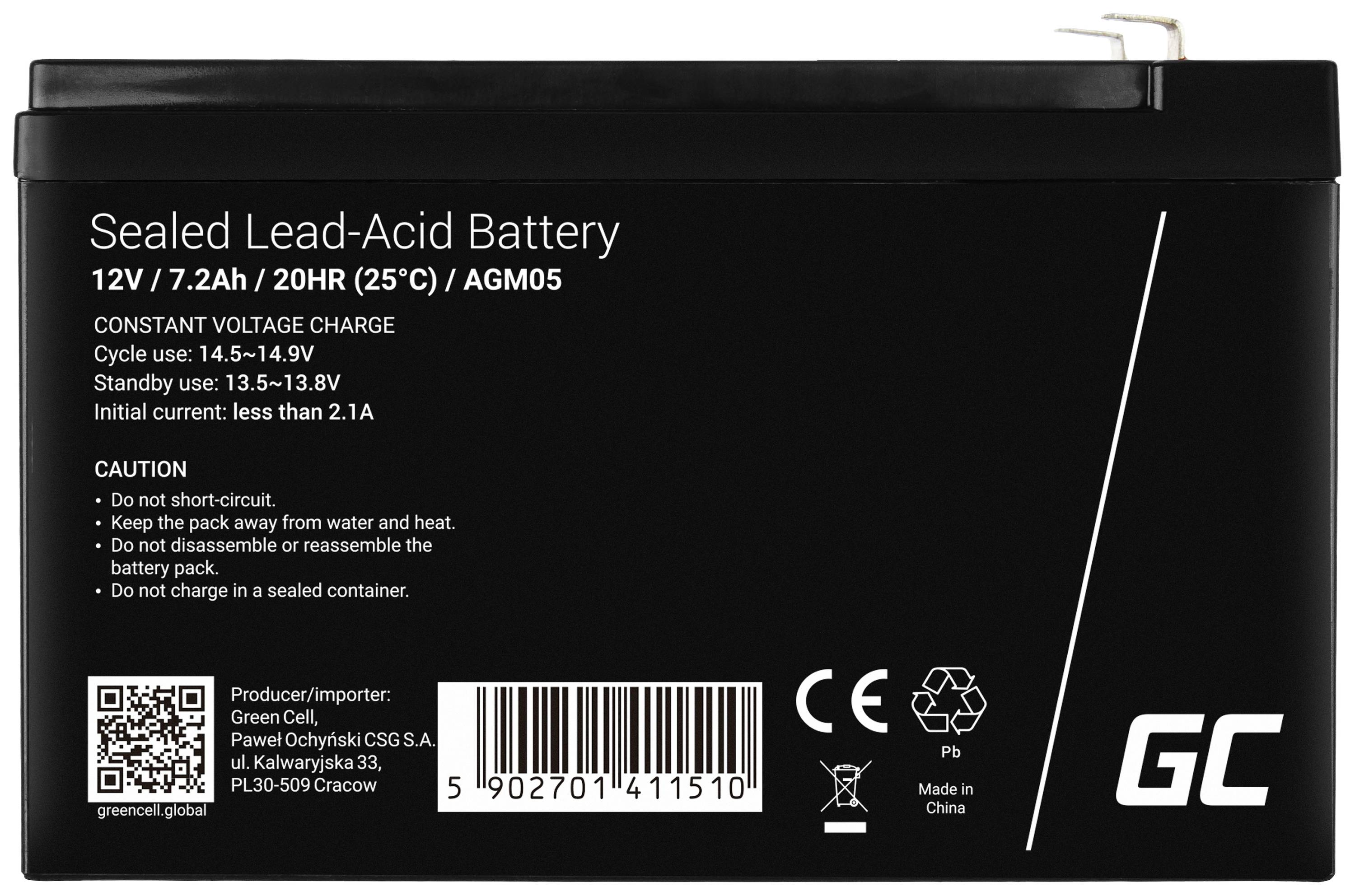 Black sealed lead-acid battery with print: 'Sealed Lead-Acid Battery' and technical specifications for voltage and capacity.