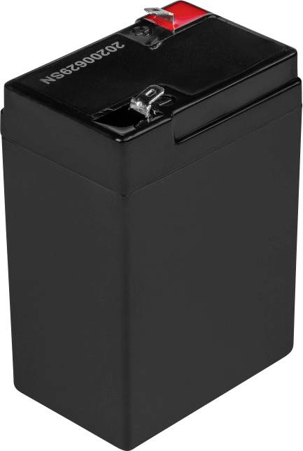 A compact black battery standing upright with two terminals on top, one in a red casing.