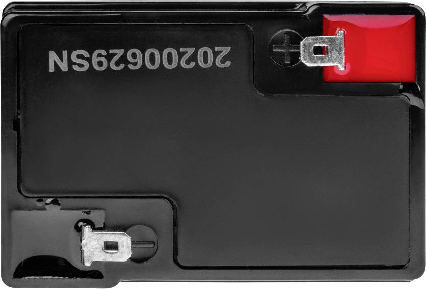 A rectangular, black battery viewed from above, with a positive terminal in a red plastic casing and a negative terminal without a cover.