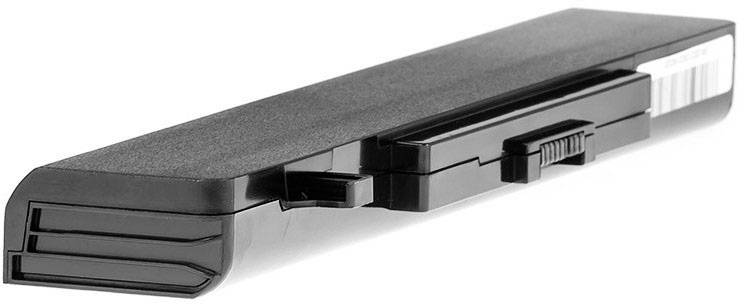 A laptop battery in a rectangular shape, black, with contacts and barcode on the side. It is designed to be connected to a device.