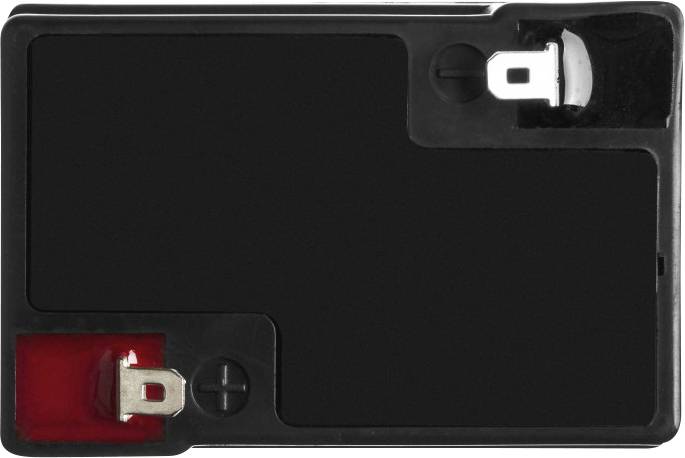 A rectangular, black battery with two terminals on top. One terminal is marked red, the other is silver.