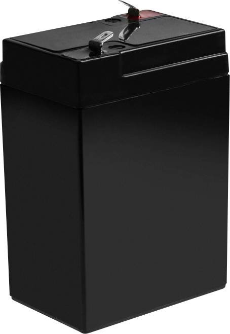 Black rectangular battery with two terminals on the top surface, situated in a white environment.