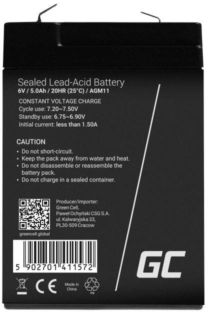 'Sealed Lead-Acid Battery, 6V, 5Ah. Warning for charge cycles and temperatures. Safety notes and contact information.'