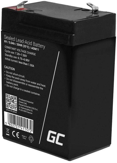 Black, sealed lead-acid battery with specifications: 6V, 5Ah. Safety and care instructions printed.