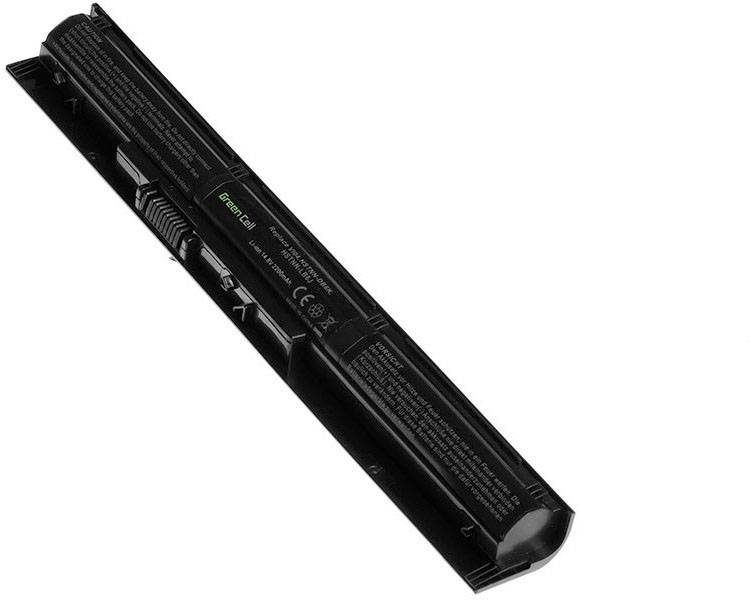 A cylindrical laptop battery with manufacturer identification. Black casing; technical details and safety warnings are printed on the surface.