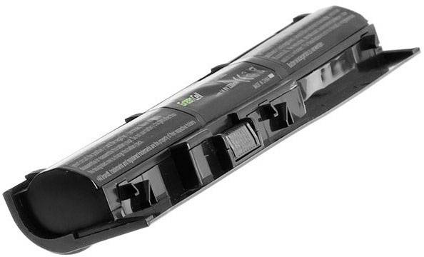 A cylindrical, black laptop battery with multiple connector points and labels.